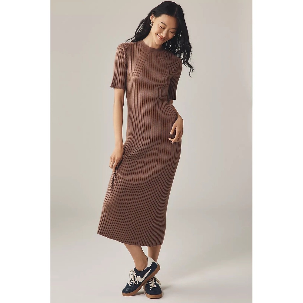 NWT Varley Midi Dress XL Knit Short Sleeve Ribbed Taupe $168 Anthropologie